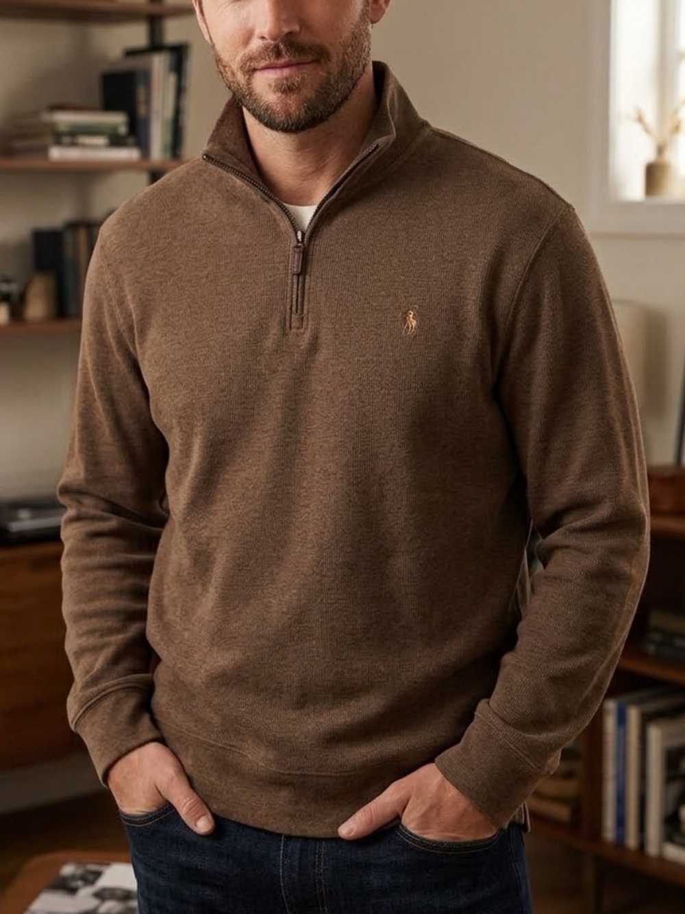 Polo Ralph Lauren Men's 100% Cotton Brown Quarter Zip Pullover Sweater Size XXL